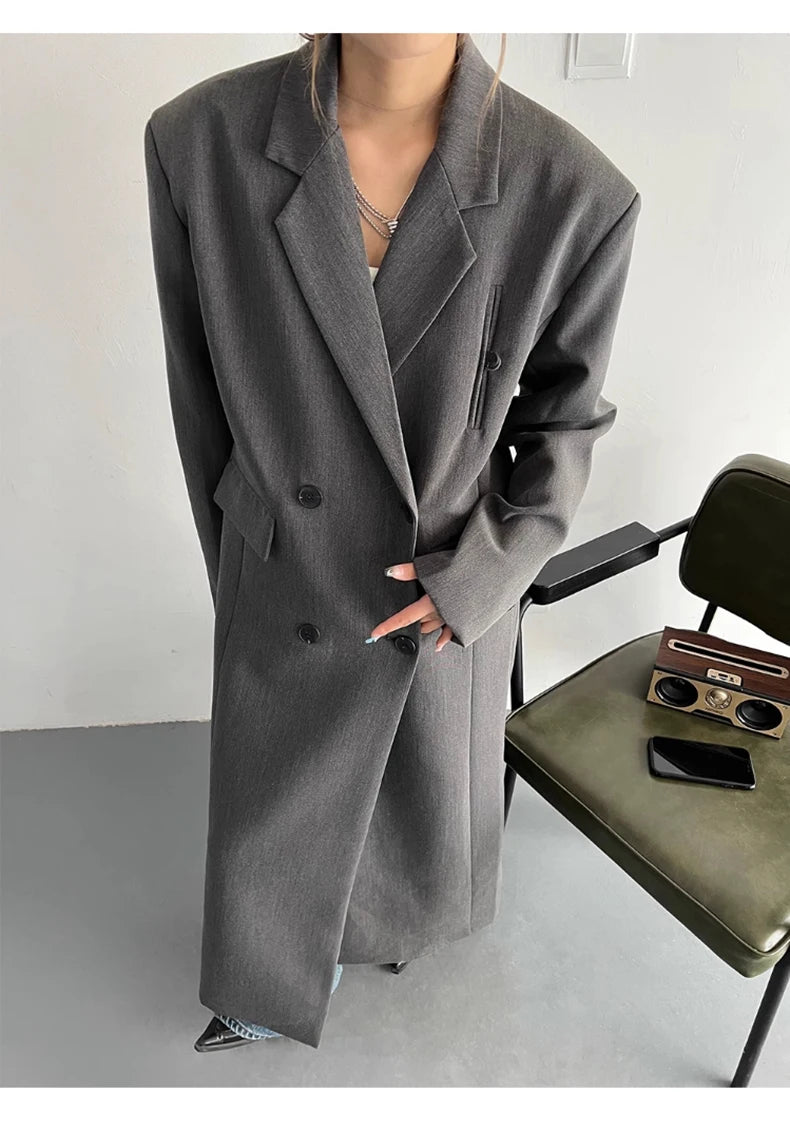 Lautaro Spring Autumn Long Grey Black Trench Coat for Women Double Breasted Loose Casual Korean Fashion Clothing Blazer 2025