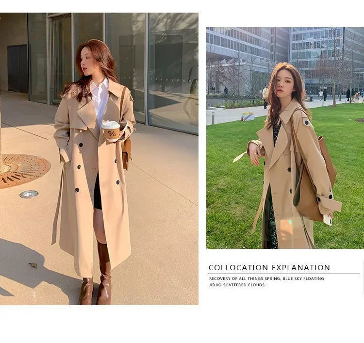 Streetwear Loose Trench Coat Midi Length Fashion Korean Elegant Khaki Black Women's Windbreaker Coat Casual Double Breasted Tops