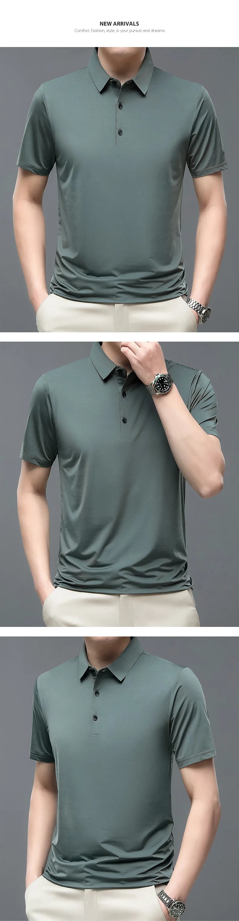 2023 Summer New Fashion Men's Solid Color Short-sleeved T-shirt Ice Silk Breathable Men's Business Casual Polo Shirt