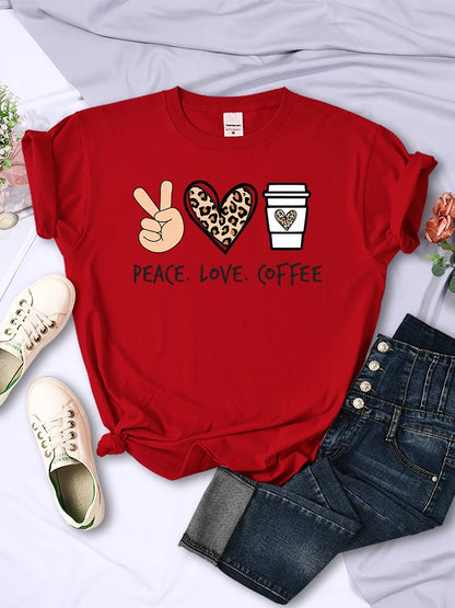 Peace Love Coffee Prints Women Tshirts Cotton High Quality T-Shirts Brand Breathable Tees Shirts Street O-Neck Tshirt For Women