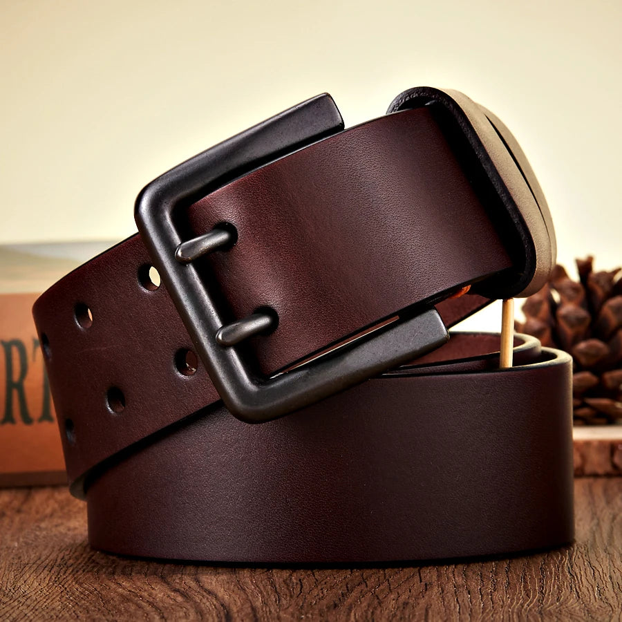 4.3cm Wide Thick Real Cowskin Genuine Leather Belt For Men High Quality Casual Male Belt Double Pin Buckle Cowboy Business Strap