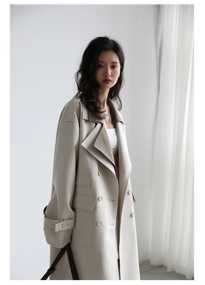 CHIC VEN Women Trench Coat Solid Loose Contrast Double Collar Double Breasted Long Women's Windbreaker Office Lady Spring Autumn