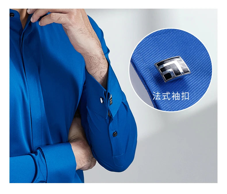 Men's French cufflink shirt with long sleeves slim fit concealed buttons solid color high-end wedding dress formal men's