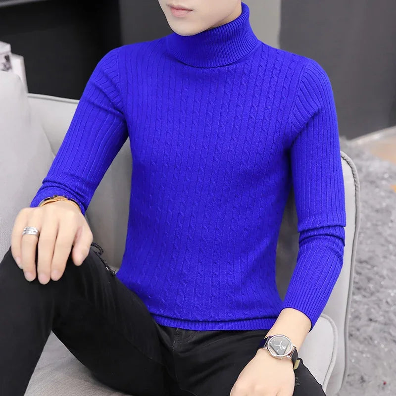 2025 Korean Slim Solid Color Turtleneck Sweater Mens Winter Long Sleeve Warm Knit Sweater Classic Solid Casual Bottoming Shirt