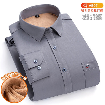 6XL 7XL Autumn/Winter plus fleece thickened Men's dress shirt Long sleeve warm slim Business casual no-iron plus size