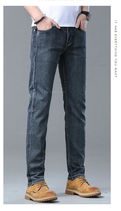 Spring Men's Light Blue Slim Jeans Stylish Casual Stretch Fabric Denim Pants Classic Trousers Smoke Gray