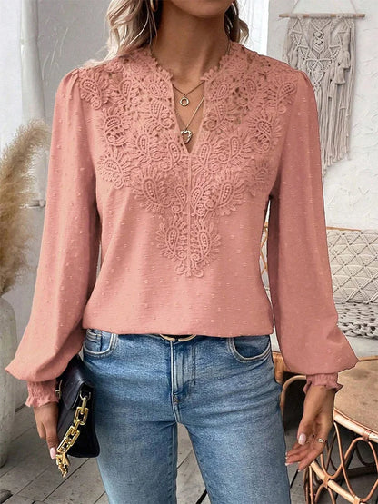 Luxury Lace Hollowed V-Neck Shirt Women Solid Color Long Sleeve Top Office Lady Elegant Daily Blouse