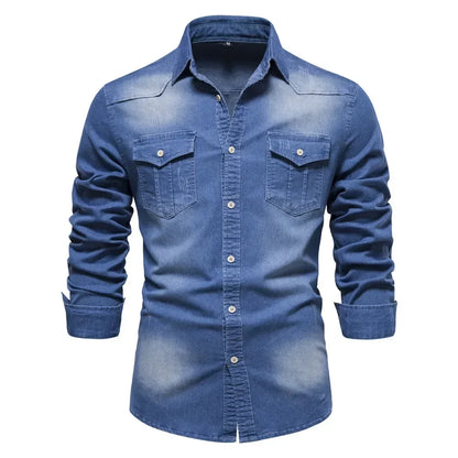 AIOPESON Brand Elastic Cotton Denim Shirt Men Long Sleeve Quality Cowboy Shirts for Men Casual Slim Fit Mens Designer Clothing