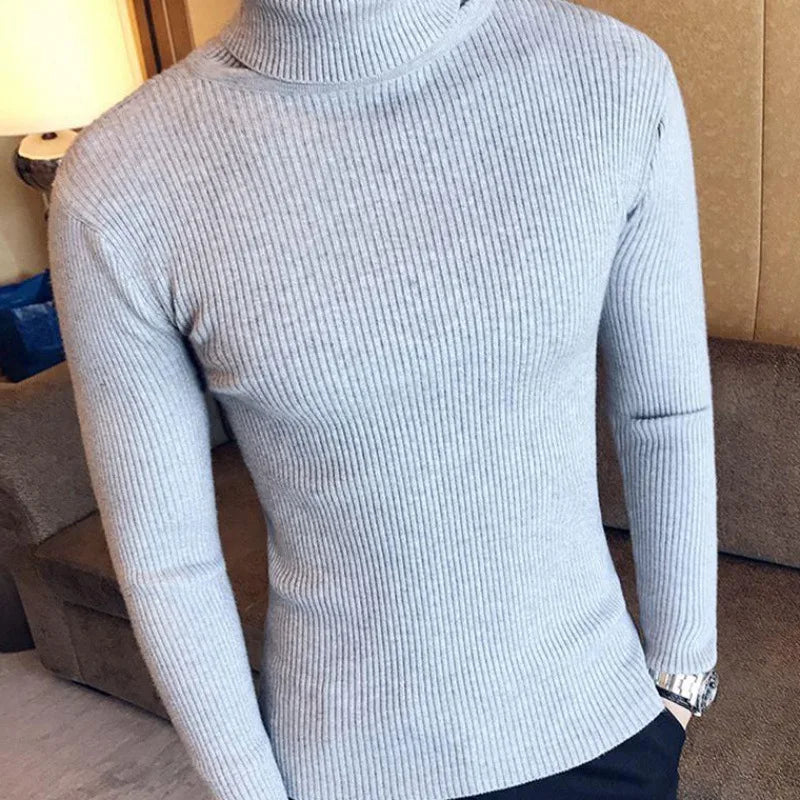 Mens Turtleneck Sweaters Winter Warm Knit Pullover Korean Cotton Solid Color Casual Slim Sweater Male Clothing Bottoming Shirt