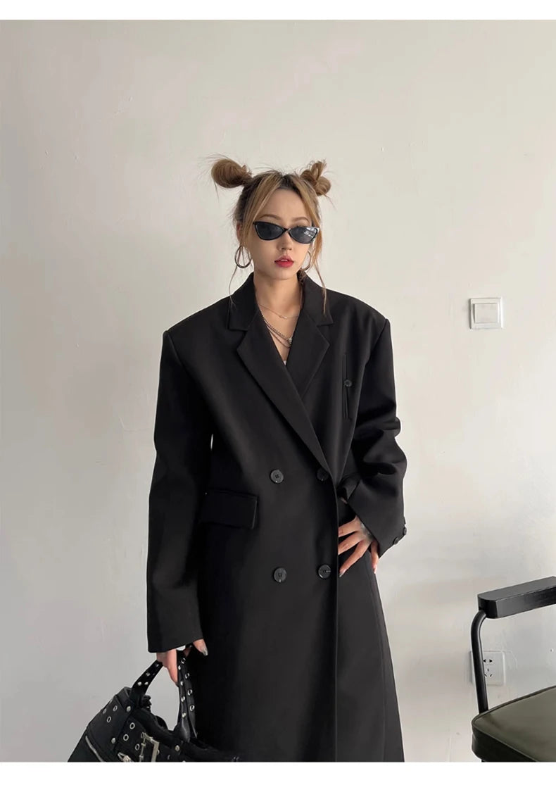 Lautaro Spring Autumn Long Grey Black Trench Coat for Women Double Breasted Loose Casual Korean Fashion Clothing Blazer 2025