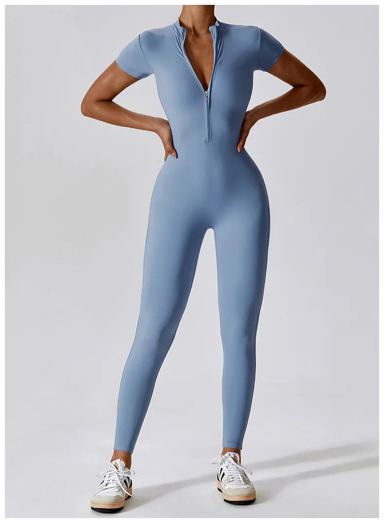 Yoga Set Women's Jumpsuits One-Piece Suit Zipper Short Sleeve Gym Push Up Workout Clothes Fitness Bodysuit Sportswear Tracksuit