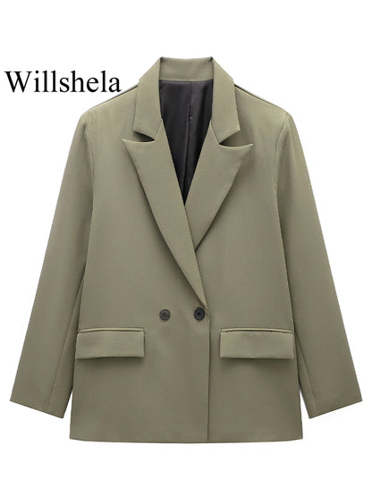 Willshela Women Fashion With Pockets Solid Double Breasted Blazer Vintage Long Sleeves Notched Neck Female Office Lady Outfits