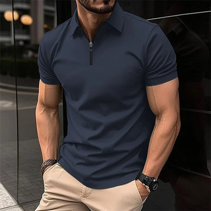 Summer Tiki Men's Business Casual Simple Solid Color Durable Office Small Zipper Lapel Short Sleeve Trend Men's POLO Shirt