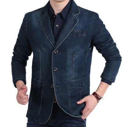 Men's New Blue Denim Suit Jacket with Loose Long Sleeved Design V-neck Casual Coats Black Gray Blazers M-XXXXL