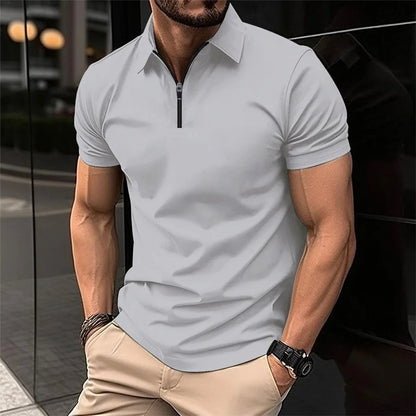 Summer Tiki Men's Business Casual Simple Solid Color Durable Office Small Zipper Lapel Short Sleeve Trend Men's POLO Shirt