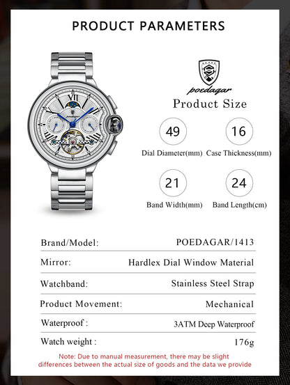 POEDAGAR Luxury Man Watch Hollow Tourbillon Automatic Mechanical Men Watch Waterproof Date Week Stainless Steel Men's Watches