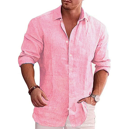 New men's cotton linen autumn hot long-sleeved shirt solid colour versatile casual resort style men's shirt tops