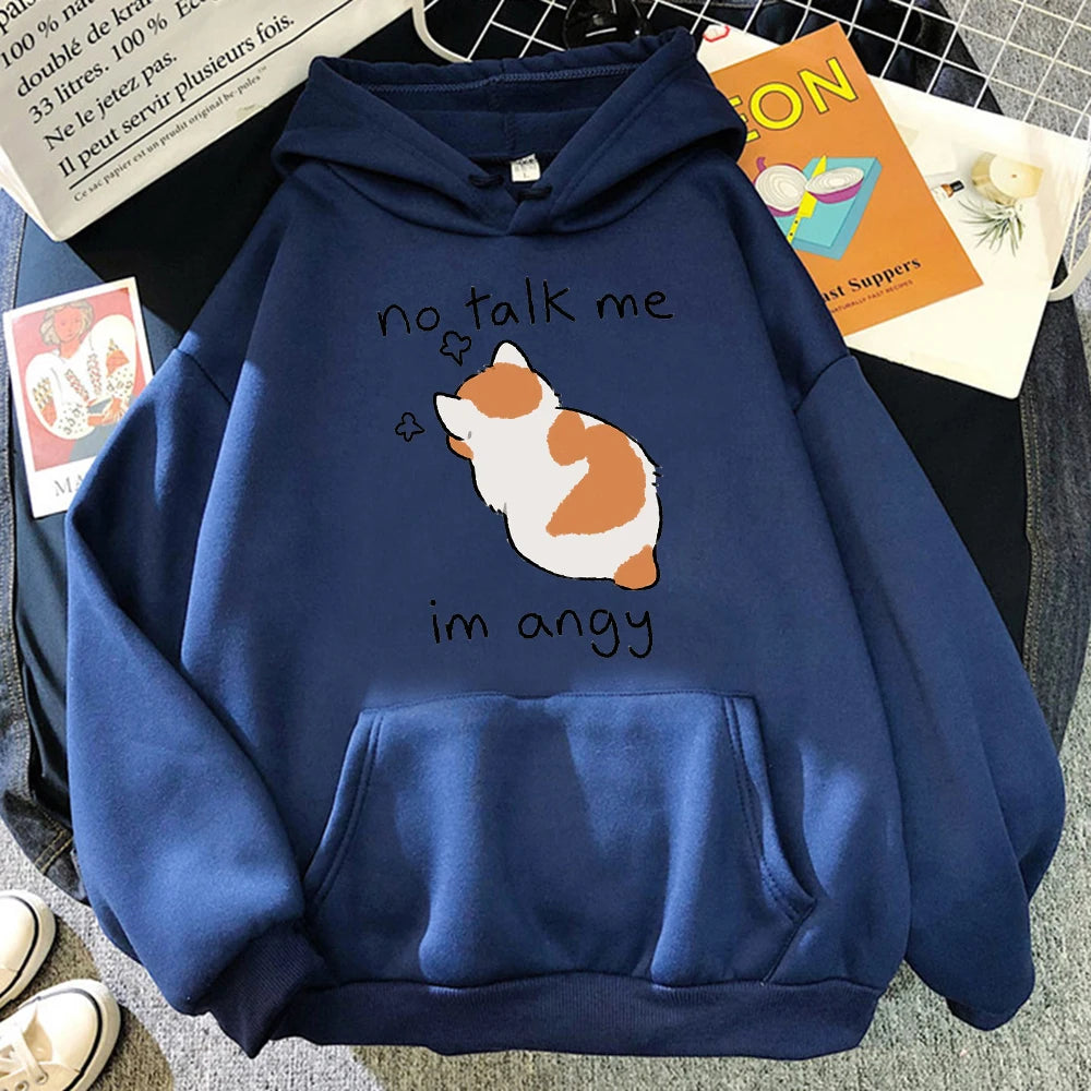 No Talk Me Cute Angry Cat Print Women Hoody Hip Hop Soft Hoodies Casual Fleece Pullovers Oversize Fleece Woman Streetwear