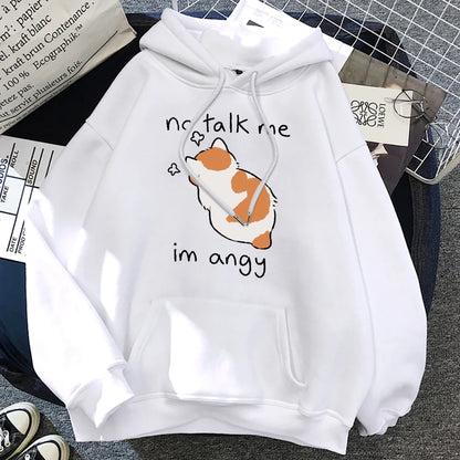 No Talk Me Cute Angry Cat Print Women Hoody Hip Hop Soft Hoodies Casual Fleece Pullovers Oversize Fleece Woman Streetwear