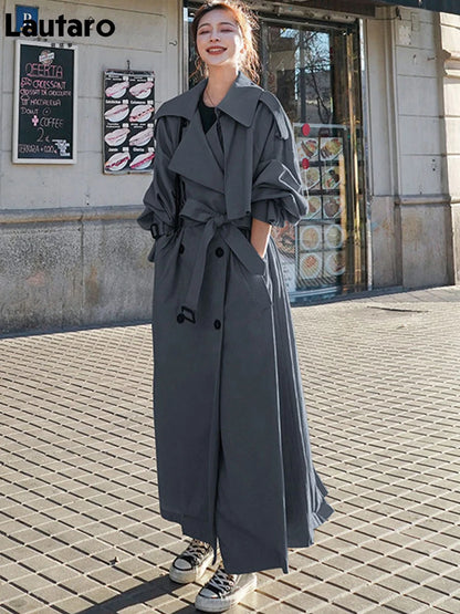 Lautaro Spring Autumn Extra Long Flowy Oversized Casual Trench Coat for Women Belt Double Breasted Loose Korean Fashion 2025