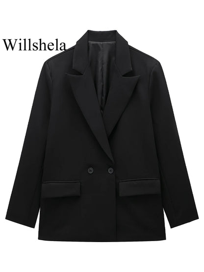 Willshela Women Fashion With Pockets Solid Double Breasted Blazer Vintage Long Sleeves Notched Neck Female Office Lady Outfits