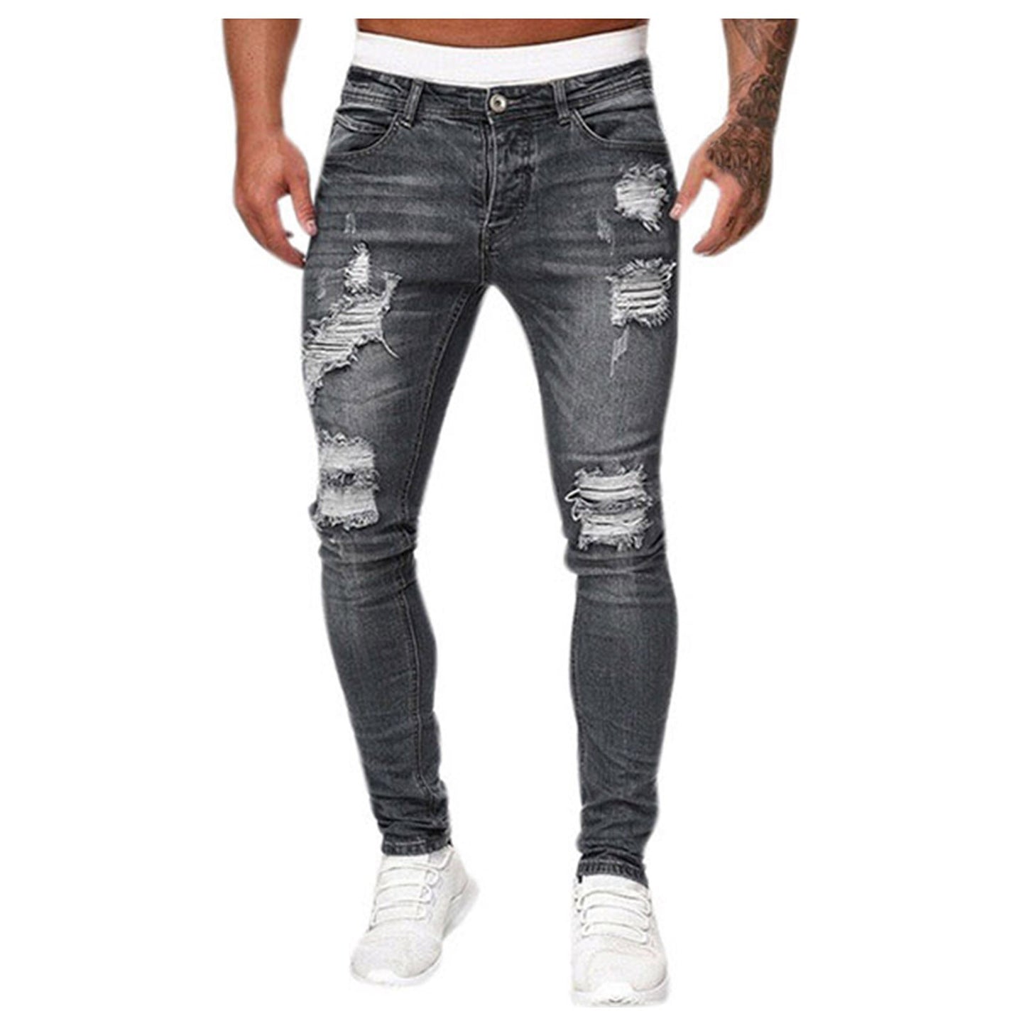 Retro Grey Stretch Slim Ripped Denim Pant Men's Fashion Streetwear Elastic Long Trousers Vintage Casual Denim Pencil Pants