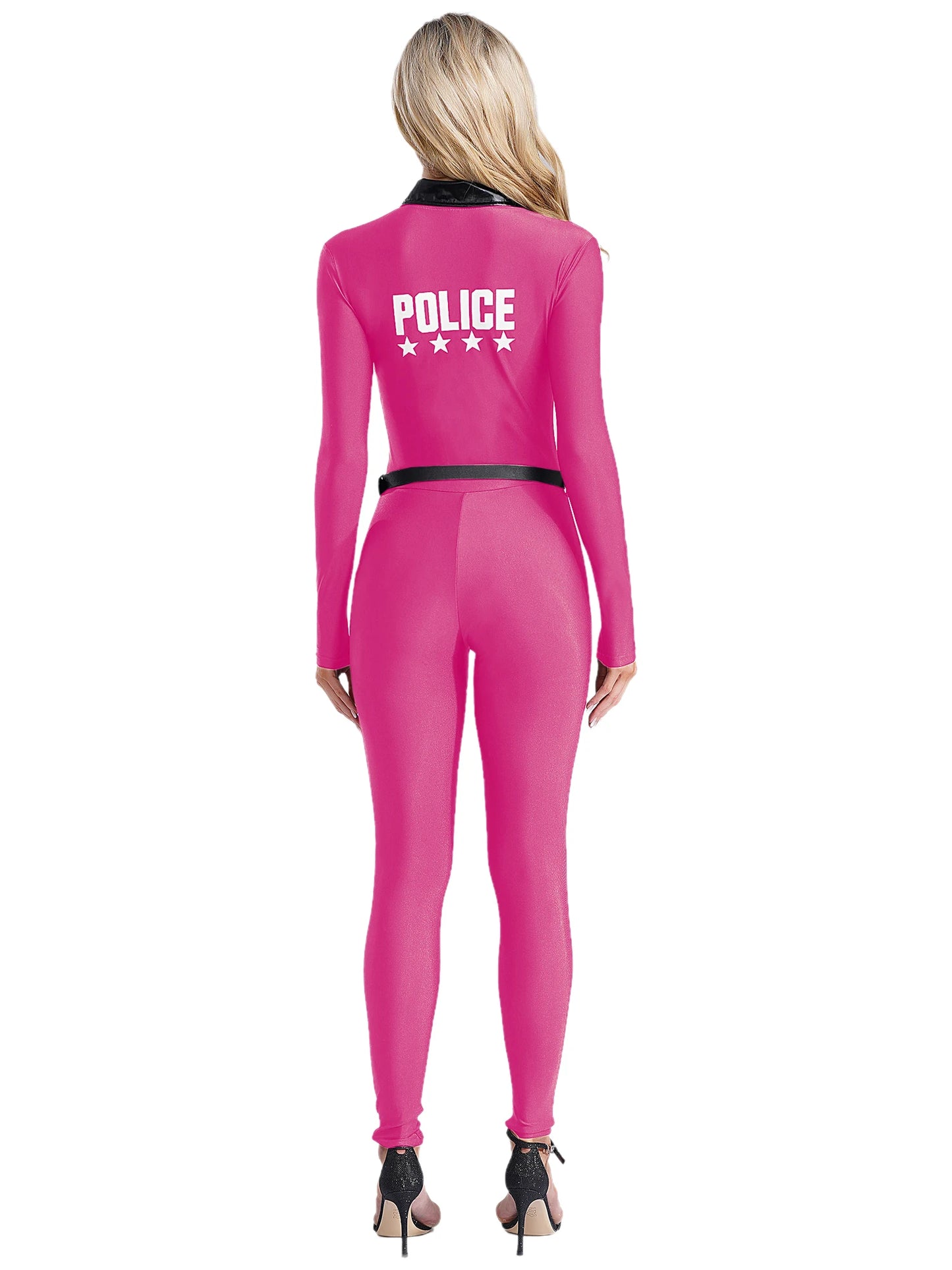 Women Police Cosplay Costume Long Sleeve Zip Up Overall Jumpsuit with Bag Belt Career Theme Party Rave Dance Bodysuits