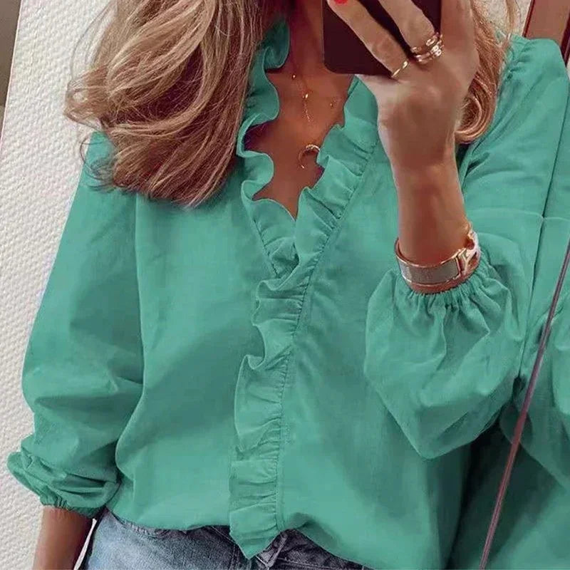 2025 Vintage Ruffles Women Blouses Autumn Long Sleeve Office Lady Elegant Tops Cotton Casual Tops V-neck Shirt Clothing