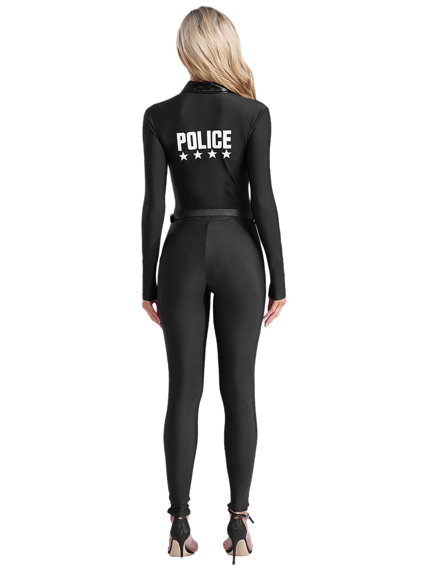 Women Police Cosplay Costume Long Sleeve Zip Up Overall Jumpsuit with Bag Belt Career Theme Party Rave Dance Bodysuits