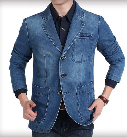 Men's Denim Blazer ,Male Jean Suit Jacket Coat,Three Buttons Denim Outwear ,Size M-4XL