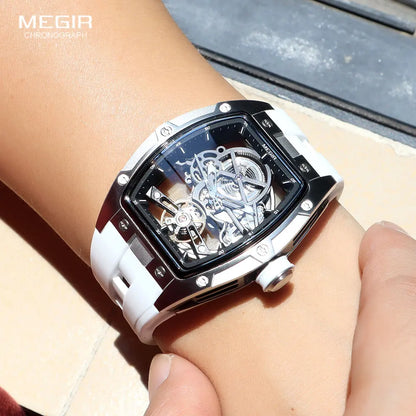 MEGIR 2242 Mechanical Watch for Men Fashion Military Sport Analog Automatic Wristwatch with White Silicone Strap Tonneau Dial