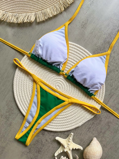 RUOTONSEPT Sexy Embroidery Brasil Flag Contrast Split Bikini Set Women Swimwear Patchwork Swimsuit Hottie Outfit SummerBeachwear