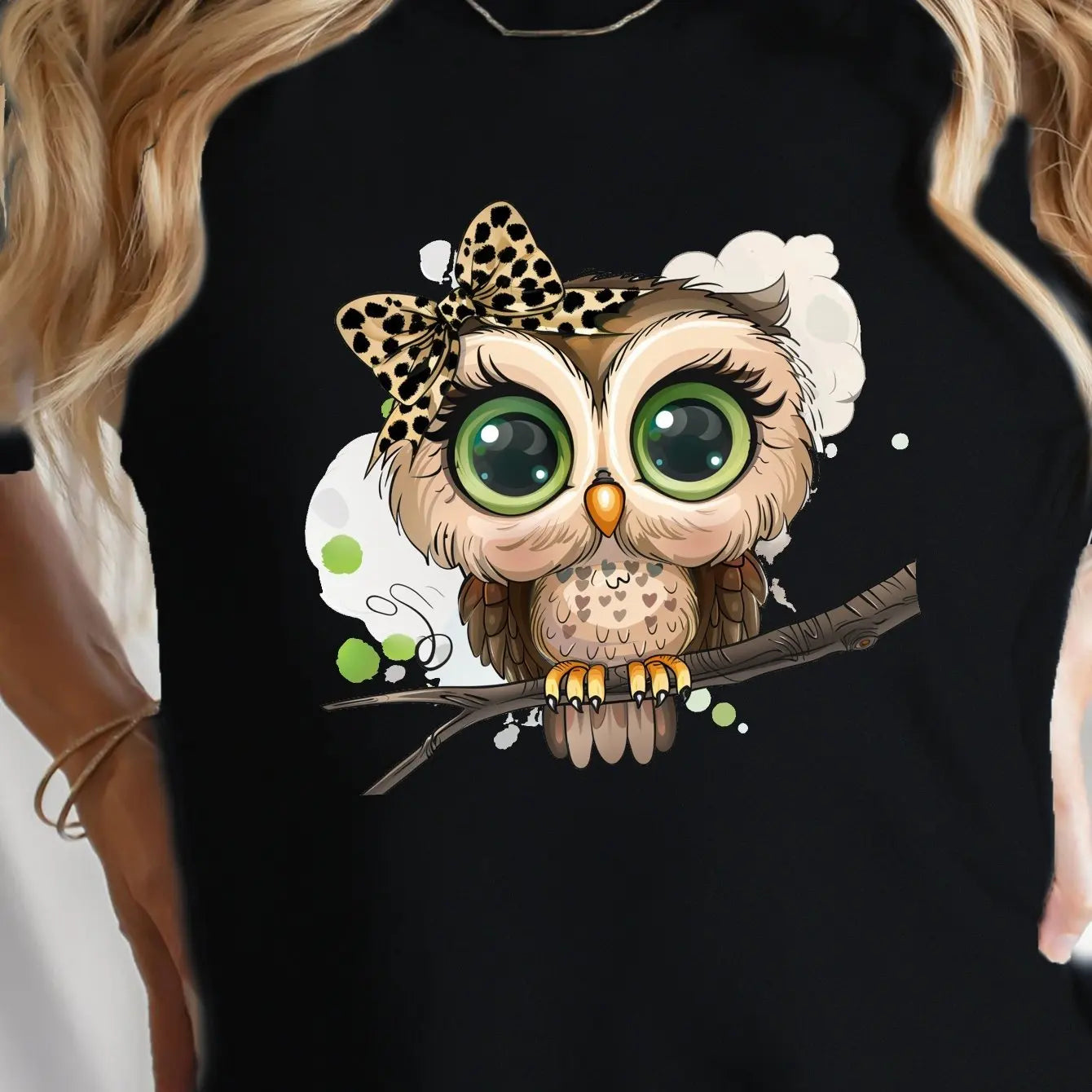 Cartoon Owl Print Crew Neck T-shirt Casual Short Sleeve Top for Spring & Summer Women's Clothing