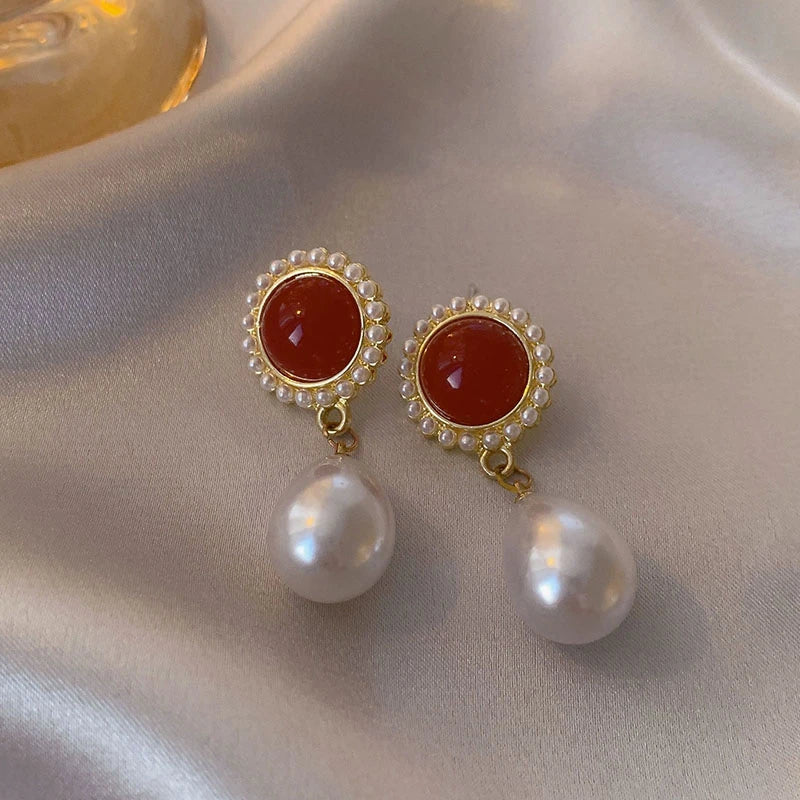 Vintage Dripping Oil Wine Red Retro Stud Earrings For Women Korean Pearl Flower Heart Shape Geometric Earring High Sense Jewelry