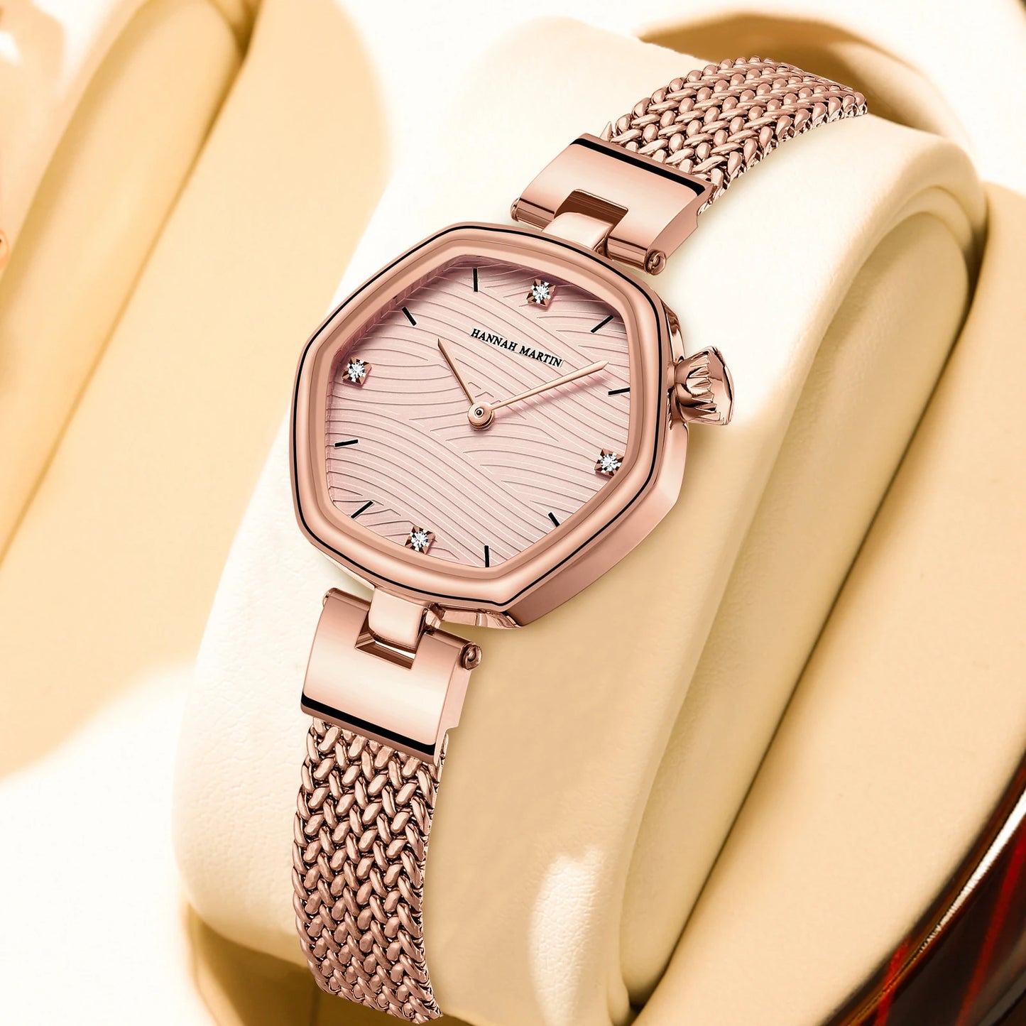 Hannah Martin Top Brand Women Stainless Steel Mesh With White Rose Gold Clock Original Japanese Quartz Movement Luxury Watches