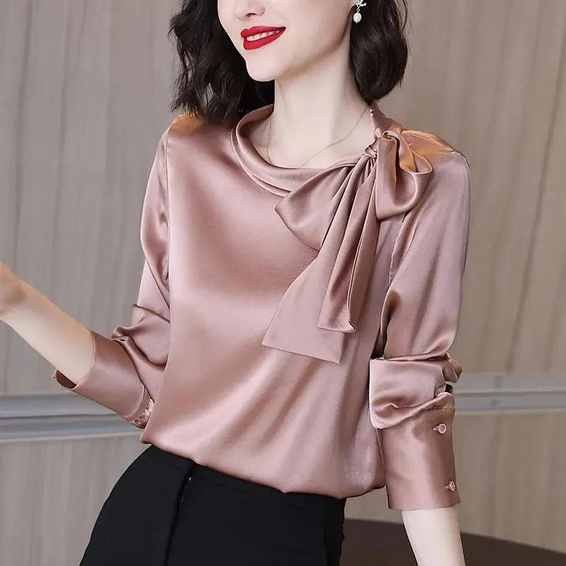 Summer Autumn Office Lady Satin Solid Elegant Fashion Bow Shirt Women Long Sleeve Temperament Bottoming Blusa All-match Blouse