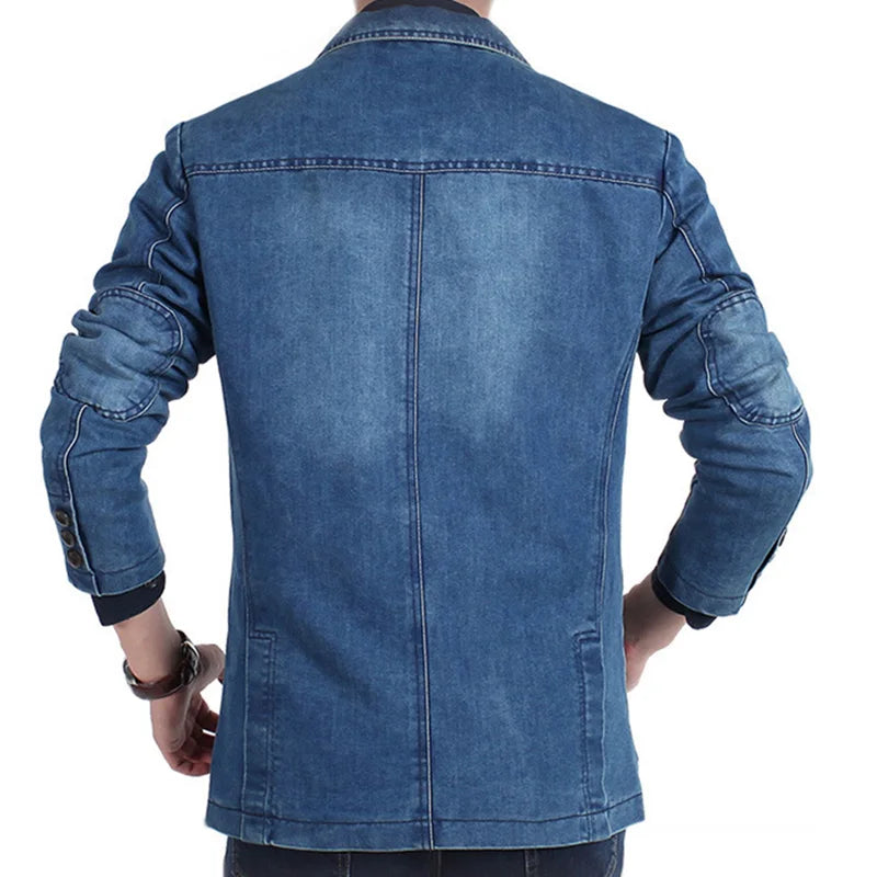 Men's New Blue Denim Suit Jacket with Loose Long Sleeved Design V-neck Casual Coats Black Gray Blazers M-XXXXL