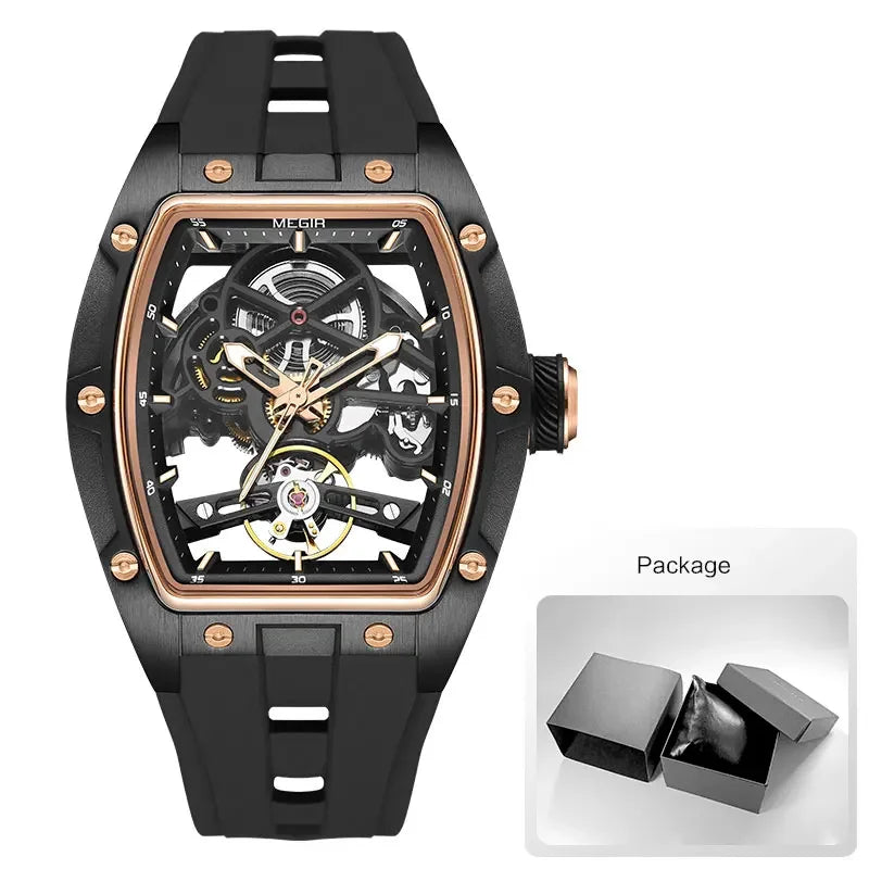 MEGIR 2242 Mechanical Watch for Men Fashion Military Sport Analog Automatic Wristwatch with White Silicone Strap Tonneau Dial