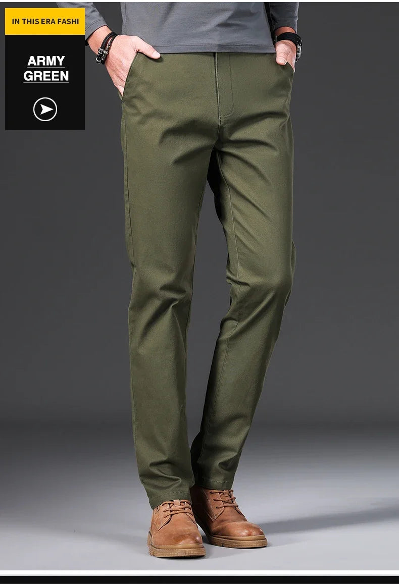 97% Cotton Men's Casual Pants Autumn Fashion Comfortable Elastic Slim Straight Business Trousers Black ArmyGreen Khaki