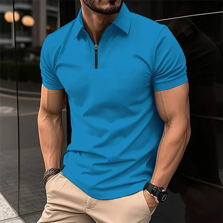 Summer Tiki Men's Business Casual Simple Solid Color Durable Office Small Zipper Lapel Short Sleeve Trend Men's POLO Shirt