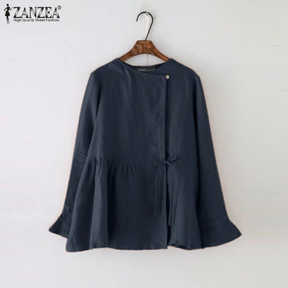 2025 ZANZEA Fashion Vintage Women Long Flare Sleeve Blouse Spring Cotton Shirt Casual Work Blusas Mujer Solid Lace Up Tops Tunic