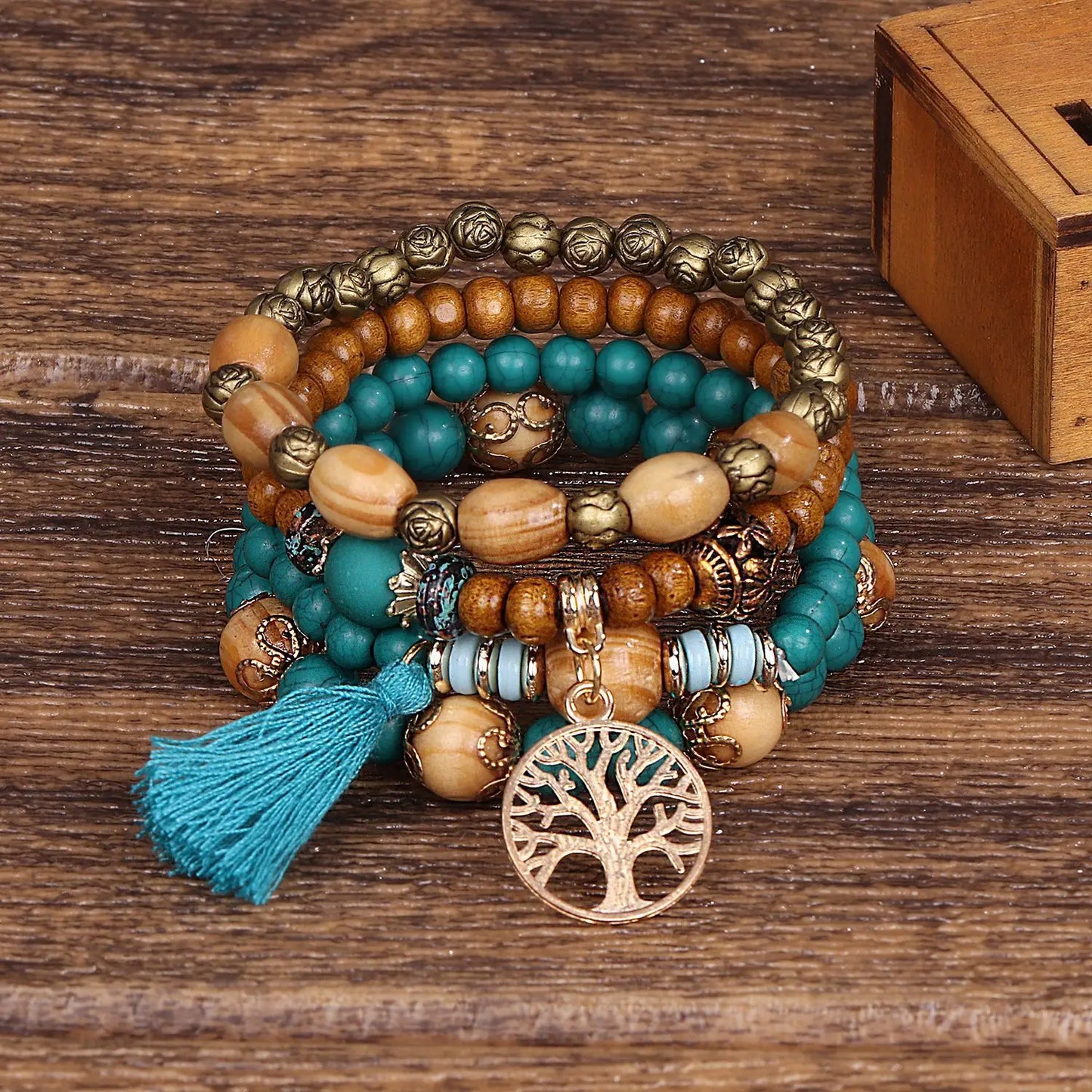 4Pcs Bohemia Tree Of Life Charm Beaded Bracelet Set For Women Handmade Wood Beads Chain Bangle Female Boho Jewelry