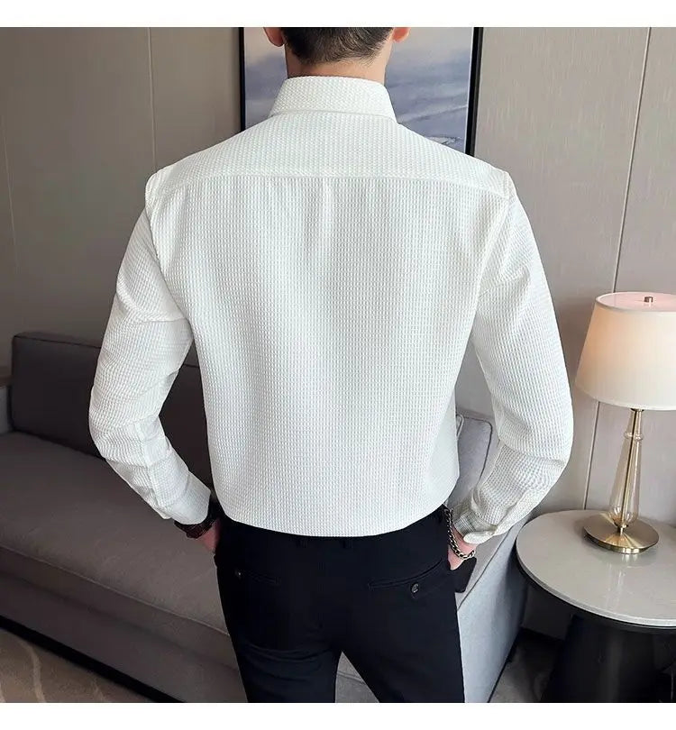 Waffle Spring Autumn Men's Shirt Casual and Slim Long Sleeve Solid Polo Neck Shirt Non Iron Wrinkle Resistant Business Tops