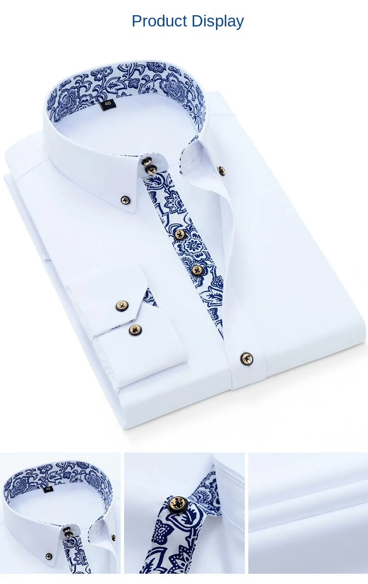 Blue-and-white Porcelain Collar Shirt Men Long Sleeve Korean SlimFit Casual Business Dress Shirts Solid Color White Shirt Cotton