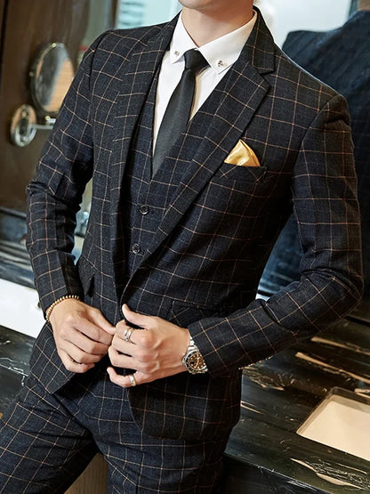 Blazer Vest Pants Groom Wedding Dress Stage Party Suit Three Piece Set and Two Piece Set Mens casual business classic plaid suit