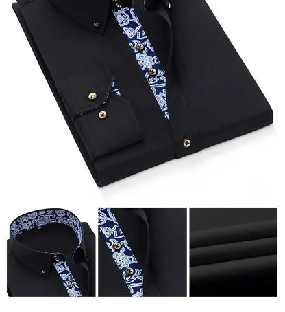 Blue and White Men's Dress Collar Shirt Long Sleeve Solid Color Printing Casual Business Slim Fit Cotton Shirts Anti-Wrinkle