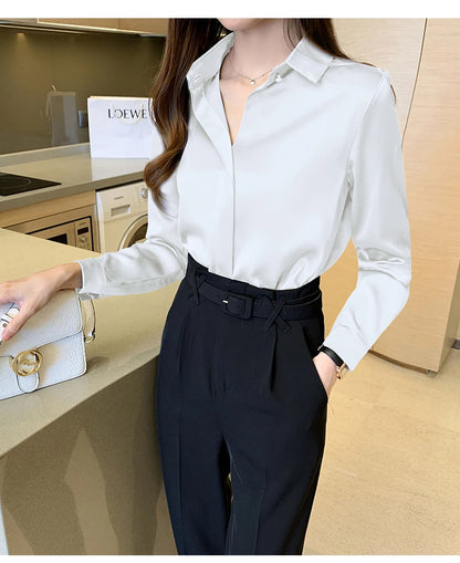 Satin Women Shirt Vintage Long Sleeve Blouse Women Silk Elegant Womens Tops Commuting Luxury White Shirt Autumn Female Clothing