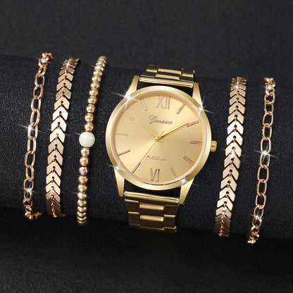 6PCS Women's Watch Fashion Gold Steel Band Quartz Watches Bracelets Set（Without Box）