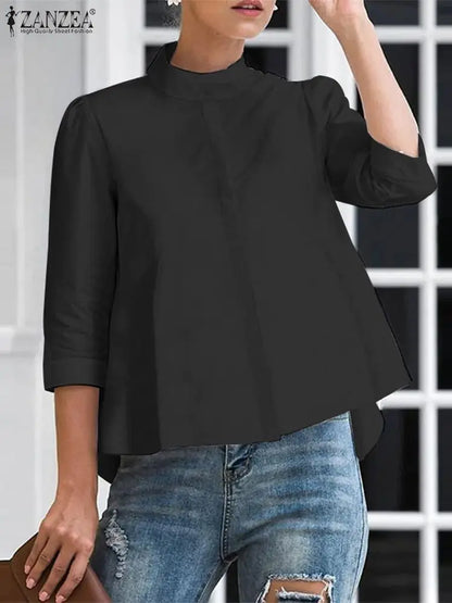 ZANZEA 2025 Summer Office Lady Blouse Stand Collar Casual Tops Women Solid Color Blusas 3/4 Sleeve Street Buttons Fashion Shirts