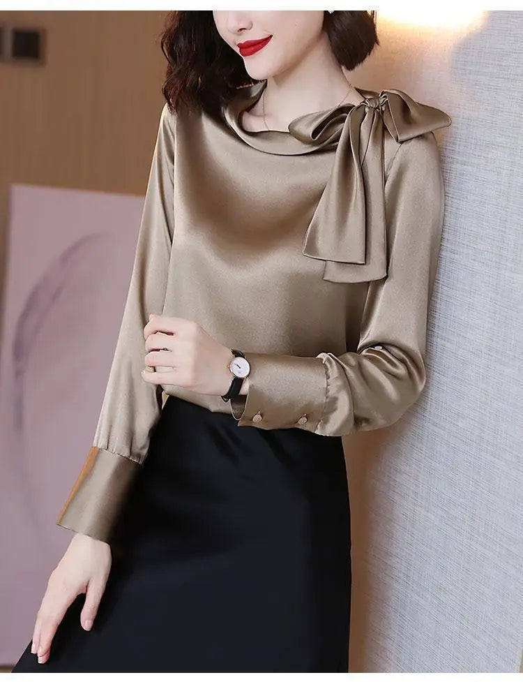 Summer Autumn Office Lady Satin Solid Elegant Fashion Bow Shirt Women Long Sleeve Temperament Bottoming Blusa All-match Blouse